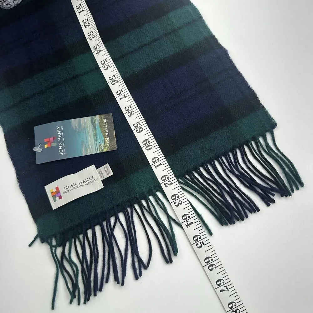 John Hanly 100% Lambswool Scarf Tartan Plaid Green & Blue 65